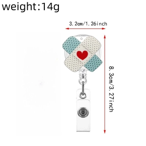 Acrylic retractable badge reel with heart band-aid design and size specifications