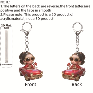 Détail recto verso du pendentif en acrylique 2D fille en voiture rouge de 0,25 cm