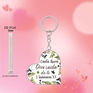 Detail view of heart-shaped acrylic keepsake with Spanish scripture and thickness guide