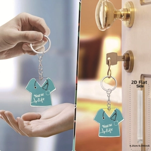 Creative 2D acrylic nurse life keychain with teal scrub design and stethoscope pattern