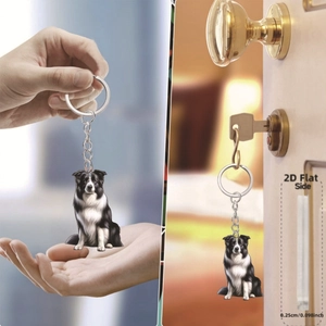 Detailed macro view showing the 0.25cm thickness of this 2D flat acrylic Border Collie pendant