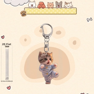Cute acrylic cat keychain in blue striped pajamas with durable metal ring accessory