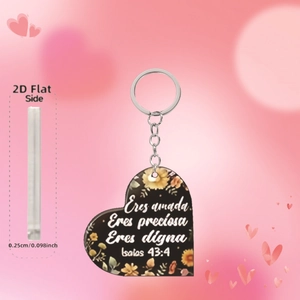 Detail view of the 0.25cm flat heart acrylic keychain with vibrant floral print and scripture