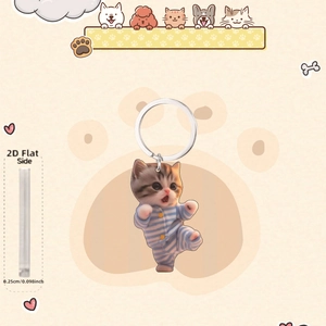 Cute acrylic cat keychain in blue striped pajamas with silver ring for bags