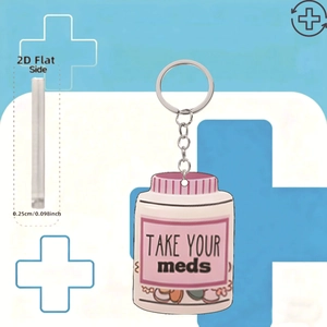 2D flat acrylic medicine bottle keychain with Take Your Meds text and 0.25cm thickness