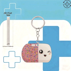 Detailed 2D acrylic pill keychain showing 0.25cm thickness and cute cartoon face design