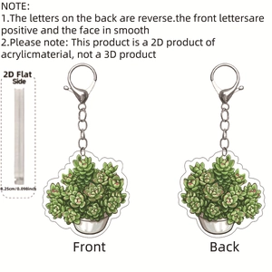 Detail view of 2D acrylic succulent keychain showing front, back and 0.25cm thickness