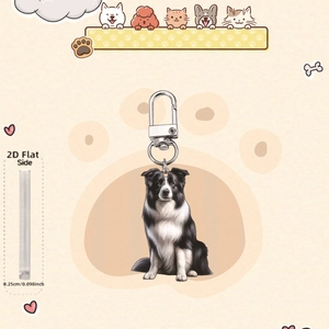 Flat 2D acrylic border collie car ornament with silver clasp, 0.25cm thickness