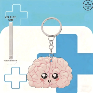 Detail view of 2D acrylic pink brain keychain showing 0.25cm thickness and cute face