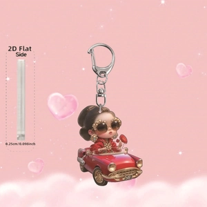 Porte-clés plat en acrylique 2D, fille en dessin animé et cabriolet rouge rétro