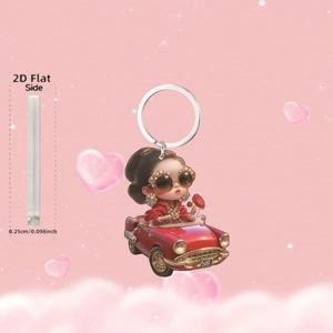 Porte-clés 2D en acrylique fille en cabriolet rouge avec anneau en métal poli