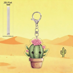 Porte-clés mignon en acrylique cactus avec fleurs roses et fermoir argenté en D