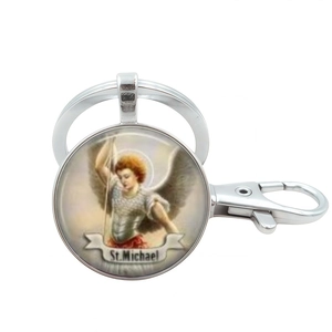 Saint Michael Archangel religious keychain with silver metal ring and lobster clasp charm
