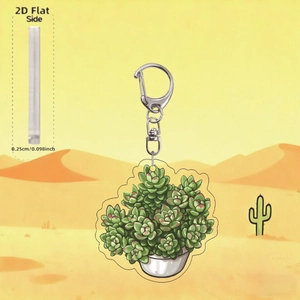 Detail view of 2D acrylic succulent cactus keychain showing 0.25cm thickness and D-ring