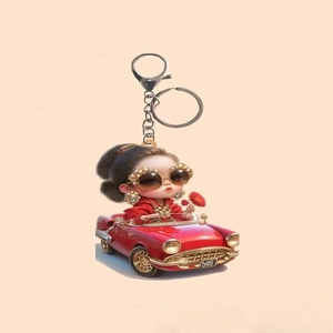 Porte-clés acrylique fille en voiture rouge vintage avec lunettes et détails floraux