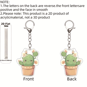 Detailed 2D flat acrylic cactus keychain showing front, back, and 0.25cm thickness