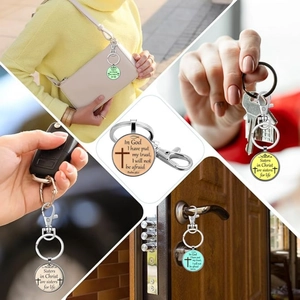 Detailed views of Sisters in Christ religious glass gem keychains with bible verses