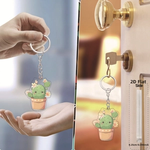 Detail view of 0.25cm thick 2D flat acrylic cactus keychain with metal ring and chain