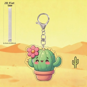 Porte-clés cactus mignon en acrylique avec design plat 2D et petite fleur rose