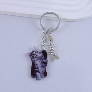 Japanese style resin cat keychain with silver fishbone pendant for creative bag decor