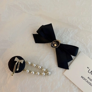 Pince à Cheveux Satin Alliage Künstliche Perle Strass Vintage Noir Nœud Bec de Canard Doux Élégant Bijou de Cheveux Femme