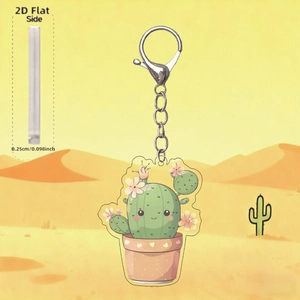 2D flat acrylic cactus keychain with cartoon potted plant design and 0.25cm thickness