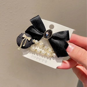 Ensemble de 3 barrettes coréennes avec nœud noir, perles et tissu matelassé chic