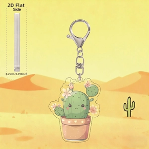 Cartoon cactus acrylic keychain with 2D flat design and 0.25cm thickness detail