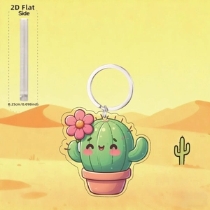 Vue détaillée du porte-clés cactus en acrylique 2D avec anneau métal et infos épaisseur