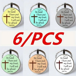 6-piece Christian keychains with colorful glass domes and Bible verses from Psalm 56:4
