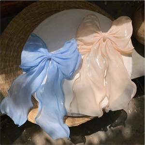 Mermaid Blue Apricot Large Bow Hair Clip Shimmer Organza Fabric Handmade Barrette With Streamers For Women Hair Accessories
