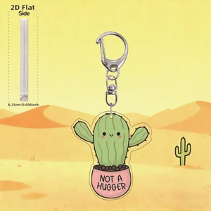 Detail shot of a 2D cactus acrylic keychain showing its 0.25cm thickness and clip