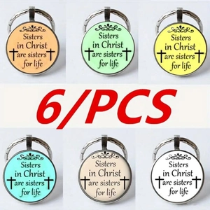 6-piece Sister in Christ glass pendant keychains in multiple colors with cross symbols