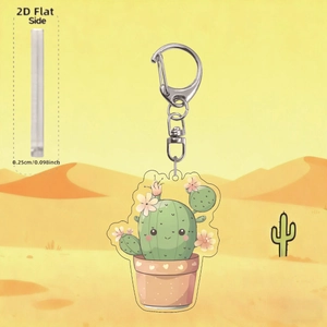 Detail view of 2D acrylic cactus keychain showing 0.25cm thickness and metal ring