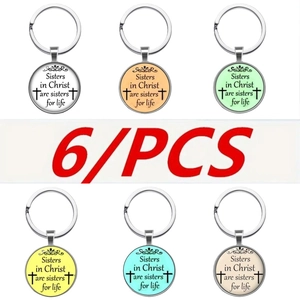 Set of 6 silver religious keychains with colorful glass domes and Sisters in Christ quotes