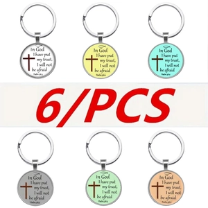 Detailed set of six religious keychains with Psalm 56:4 bible verse and cross symbols