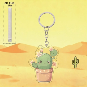 Detail view of 0.25cm thick 2D acrylic cactus keychain with pink flower and metal ring