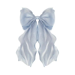Elegant light blue mermaid organza hair bow clip with long wavy streamers for women