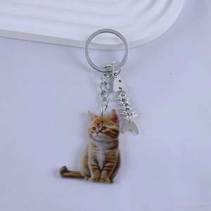 Detail of orange tabby cat keychain with silver fishbone charm on white texture