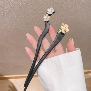 Vintage Wood Hair Stick For Women Handmade Chinese Style Cream Flower Hair Pin Elegant Black Ebony Wood Hair Accessories