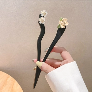 Handcrafted wooden flower hair sticks set featuring white and apricot floral charms