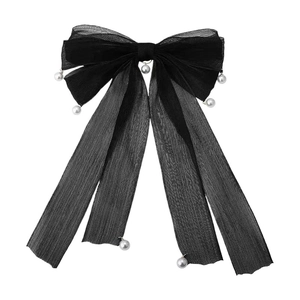 Elegante fermaglio per capelli in tulle nero con perle bianche e lunghi nastri