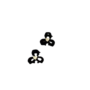 Pair of chic black flocked bow earrings with a golden heart center on white background
