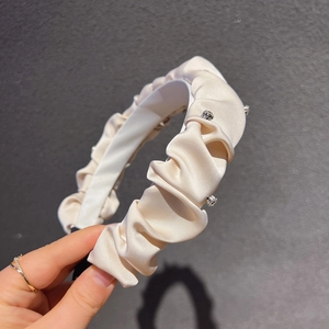Elegant cream pleated satin headband with sparkling rhinestones for women