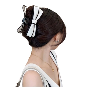 Elegant large black and white bow hair claw clip for women stylish hair accessory