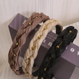 Damen Elegant Geflochten Haarreif Mit Goldkette Metallperlen Satin Stoff Rutschfest Zahn Haarreif Mode Haarschmuck