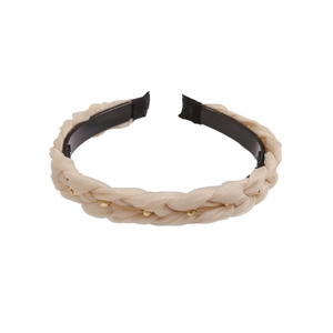 Eleganter cremefarbener Seiden-Haarreif mit goldener Perlenkette und Rutschfestigkeit