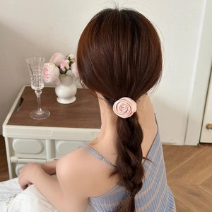 Elegant pale pink fabric rose hair tie on high-elastic band for women's hairstyles