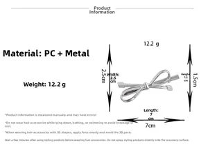 Detailed dimensions of silver bow hair clip in 7cm length with PC and metal specs