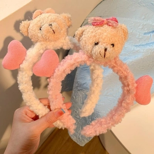 Bandeau Ours en Peluche Mignon pour Femmes Lavage Visage Maquillage Doux Animal Cœur Décor Elastique Accessoires de Cheveux